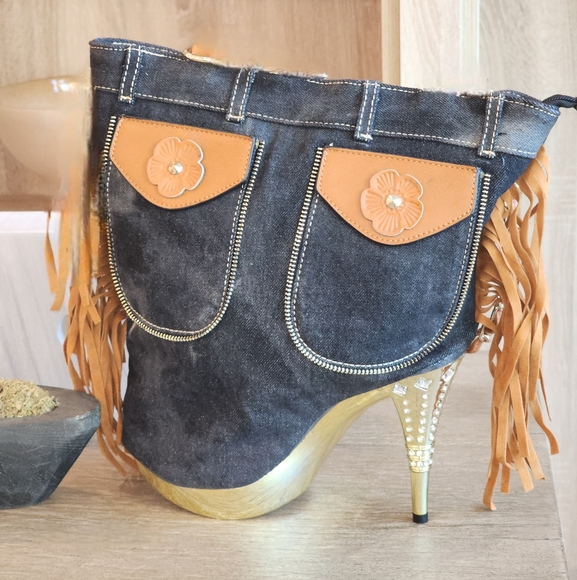 Unique Black Denim Fringe Stiletto Heel with Rhinestones Women's